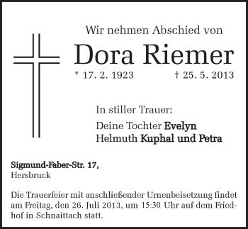 Traueranzeige von Dora Riemer von Pegnitz-Zeitung